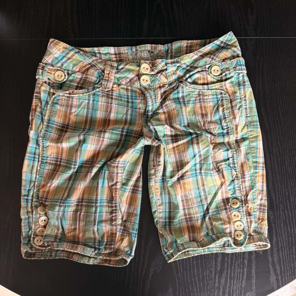 Jolt Plaid Bermuda Shorts Teal Brown Cotton y2k mix pattern